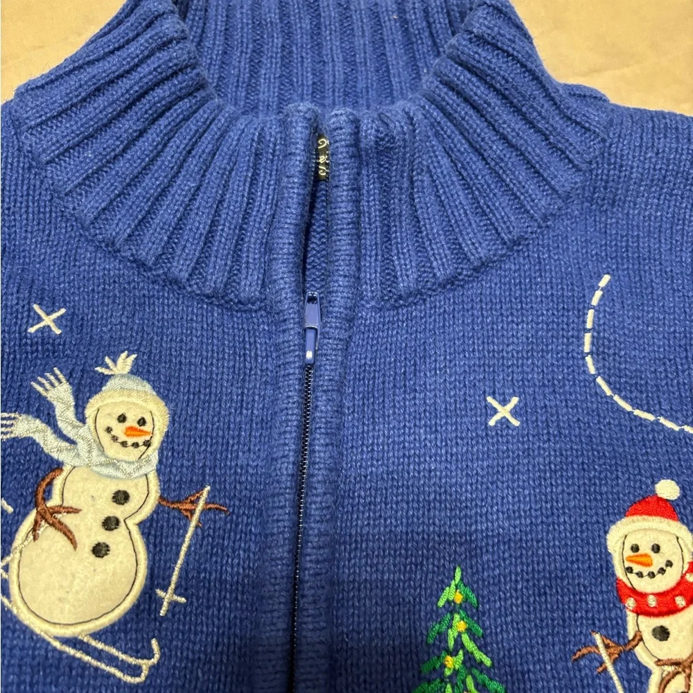 Vintage Crystal Kobe Blue Snowman Christmas Sweater Zip Holiday Cardigan Medium